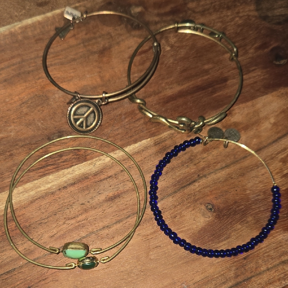 Alex and Ani Gold and Blue Charm Bracelets